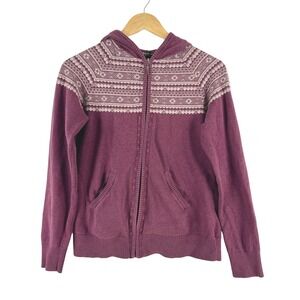 Eddie Bauer Womens Fair Isle Knit Full Zip Hoodie Sweater Size S Burgundy Cotton